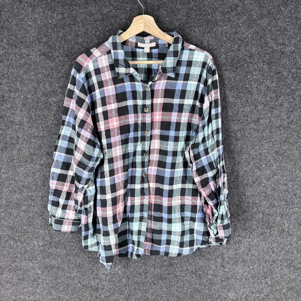 Woman Within Shirt Women 2X Plus Black Plaid Button Up Collared Long Sleeve
